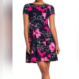 Eliza J Navy Blue Pink Floral A Line Cap Sleeve Back Zip Knit Dress Size 8